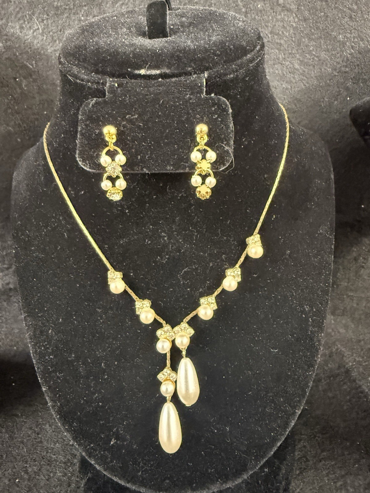 Vintage Rhinestone And Teardrop Faux Pearl Necklace And Dangle Earrings