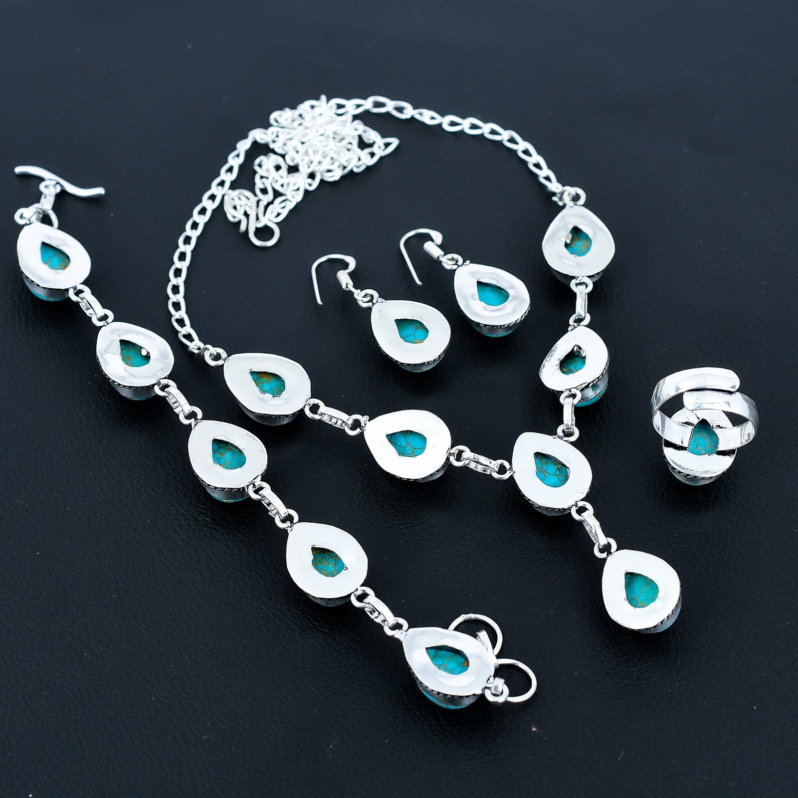 Copper Turquoise Gemstone Handmade 925 Silver Necklace + Bracelet Jewelry Set