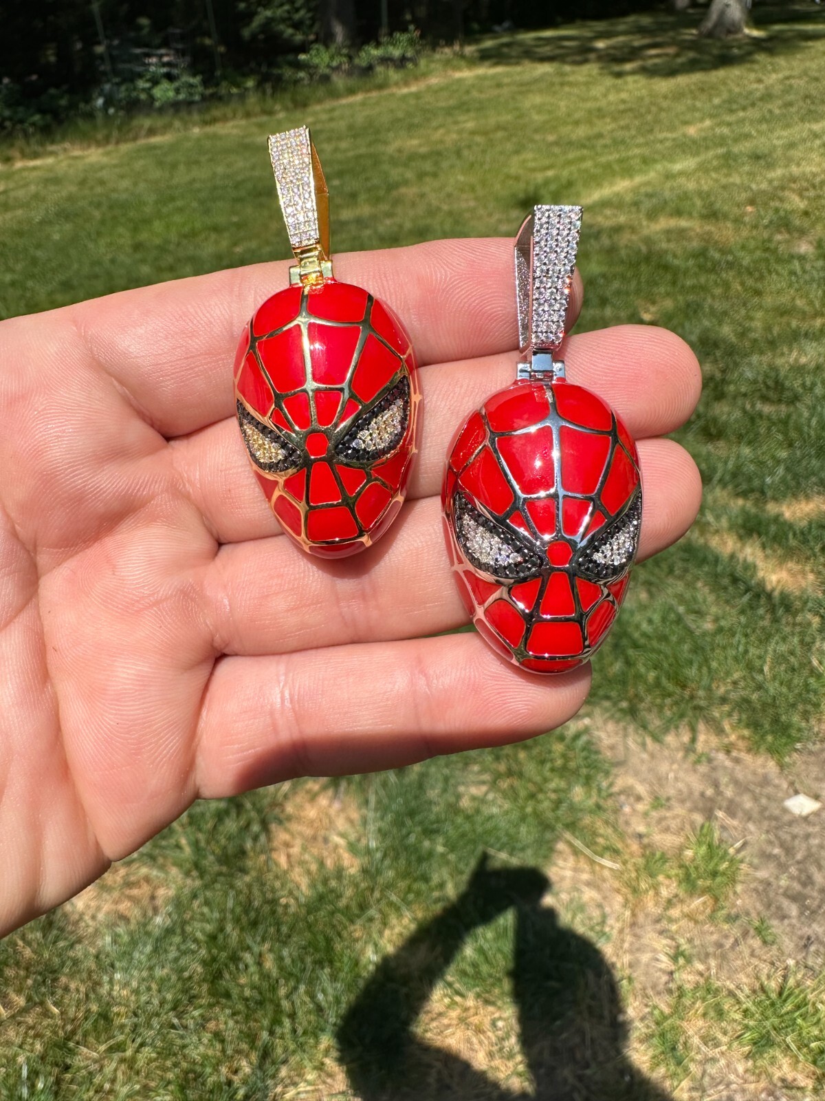 MOISSANITE Spider-man Mask Real 925 Silver/Gold Plated Iced Pendant Out Necklace