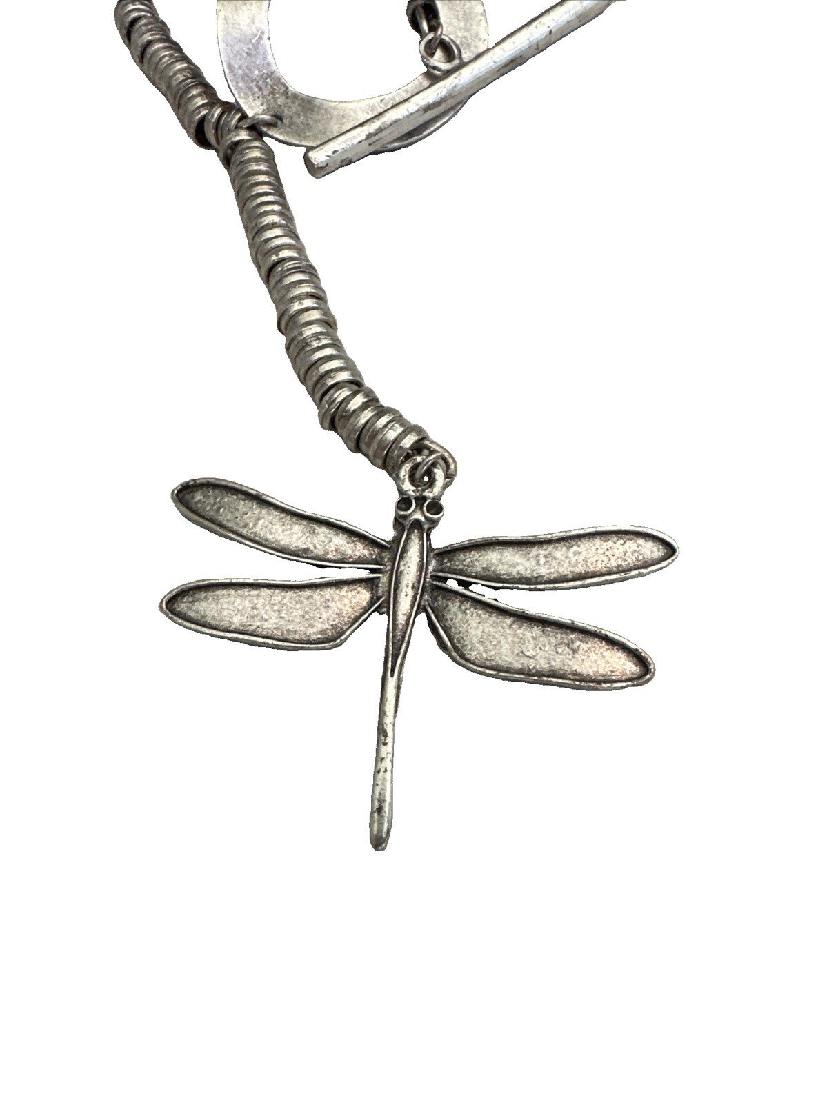 Artisan DRAGON FLY Pendent Necklace Circle Toggle 36” Silver Toned Pewter
