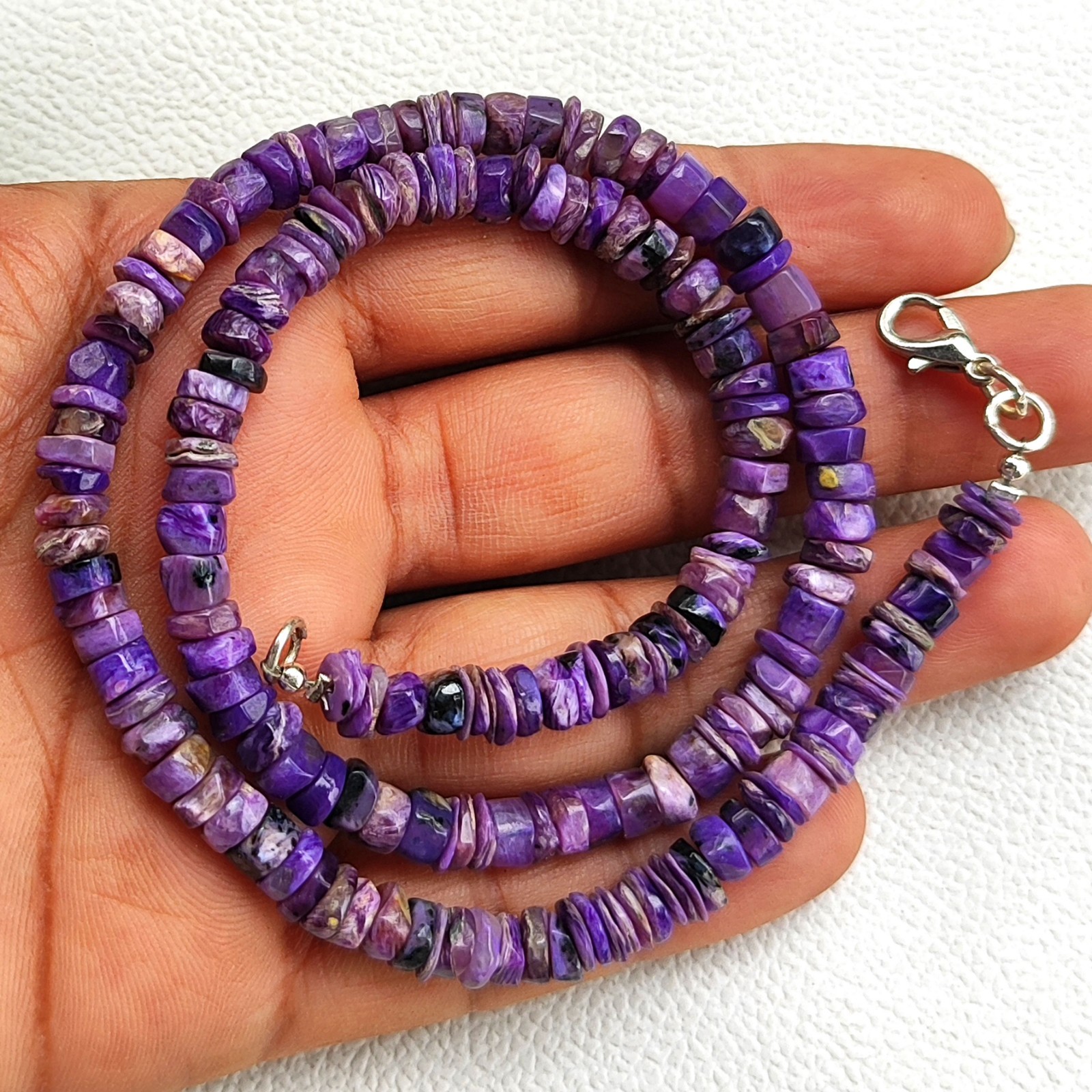 Natural Charoite Necklace 5-6mm Smooth Heishi Beads 17″ Purple India Gemstone