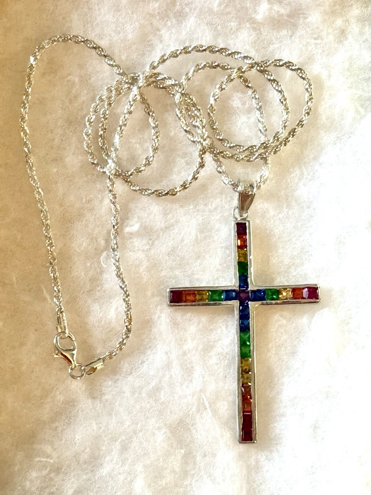 Rainbow Cross Solid 925 Silver Semi Precious Stones Custom Piece Large
