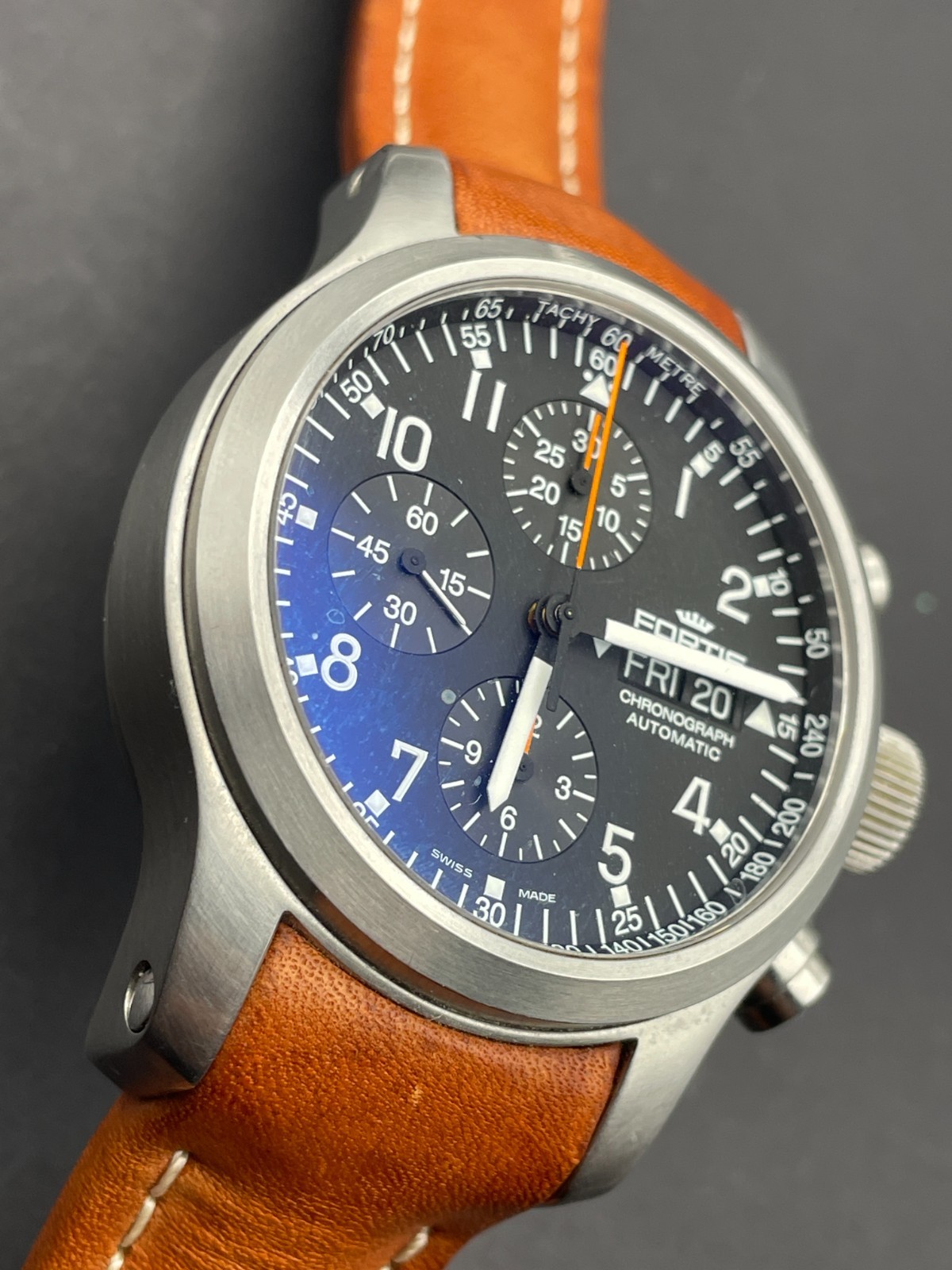 Fortis Pilot B42 Valjoux 7750 Chronograph Watch Black Dial Brown Strap $2895