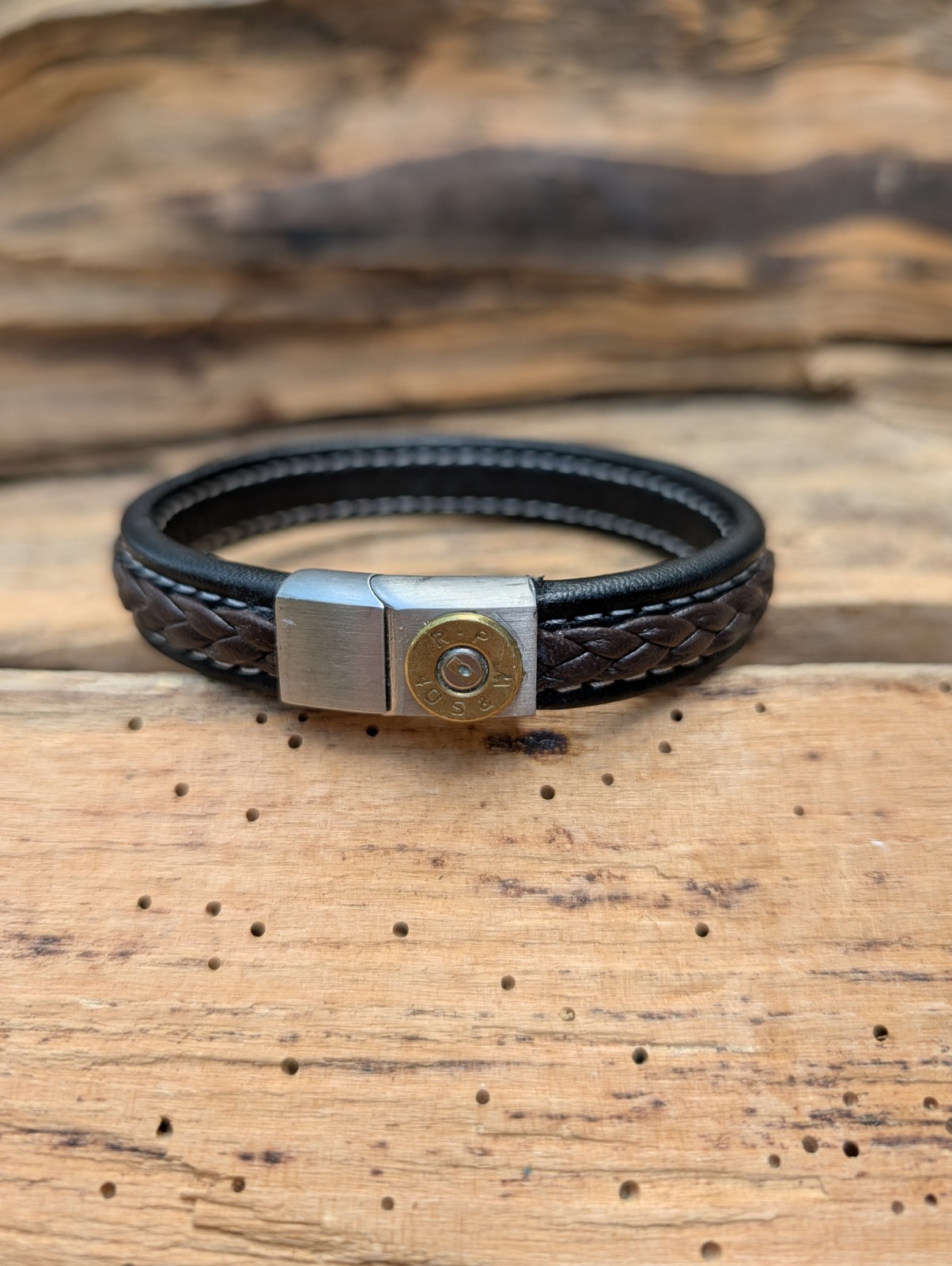 Black and Brown Braided Leather Bullet Bracelet with a 9, 38,40 or 357 Bullet.