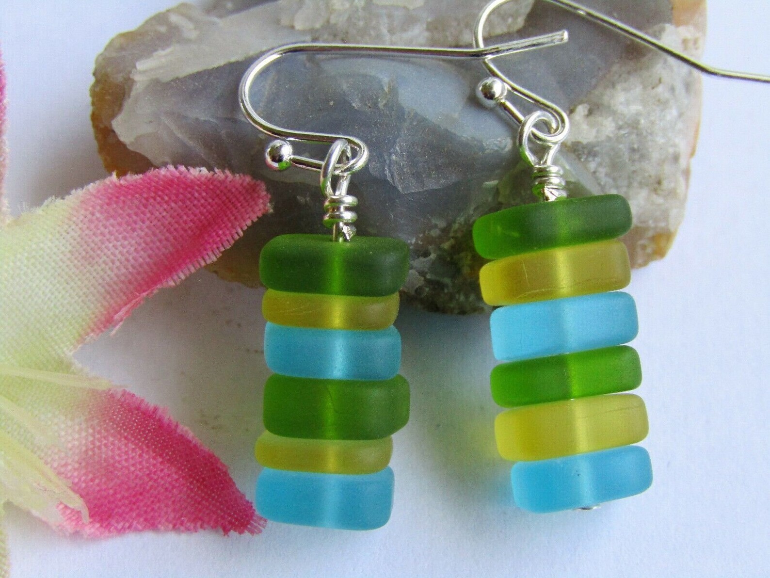 Stacked Green, Yellow, & Blue Sea Glass Pebble Earrings, Gift For Her, Ocean