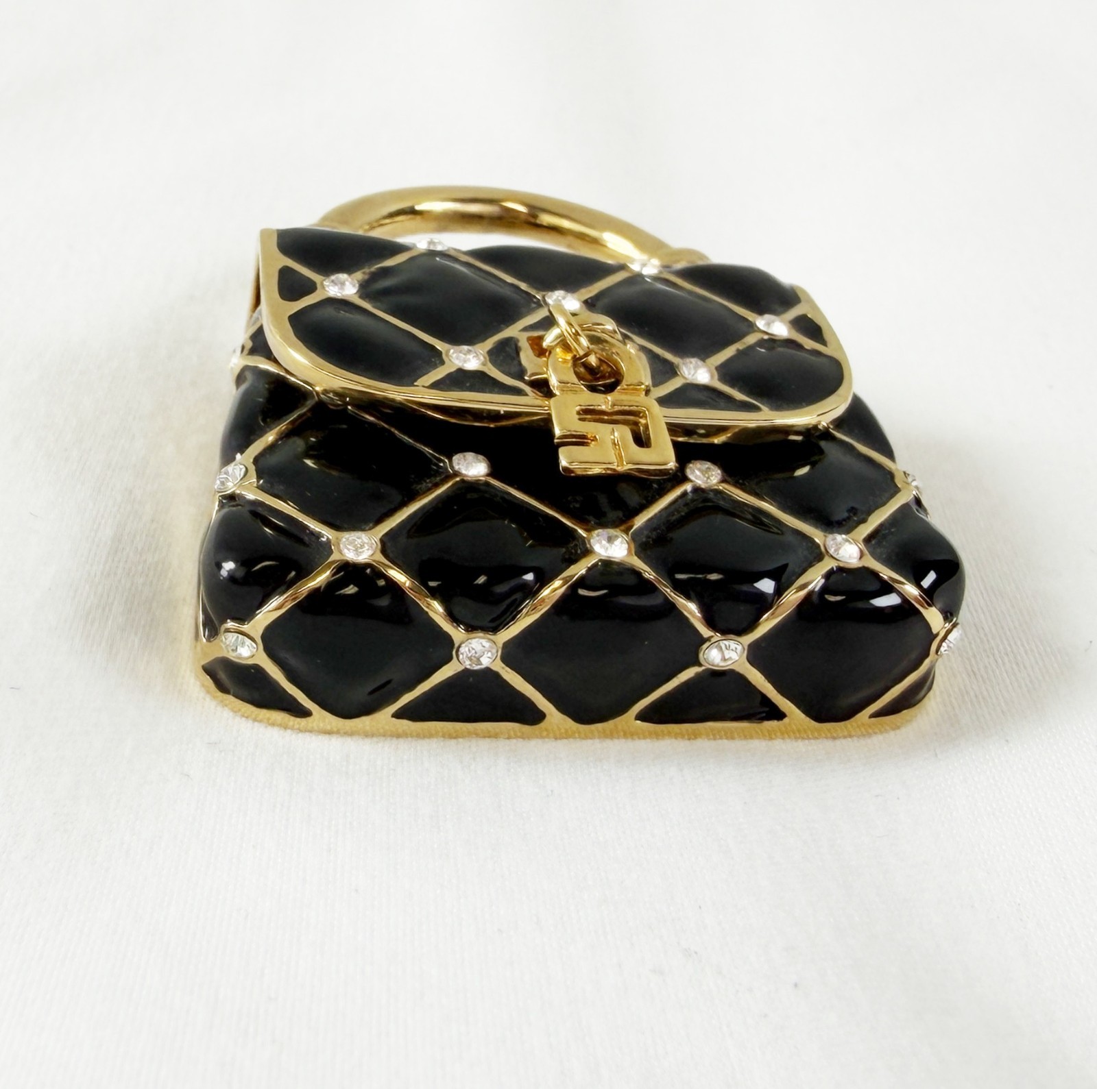 NEW ST. JOHN Handbag Mini Brooch Pin Black Enamel Crystals 24KGP Logo Enhancer