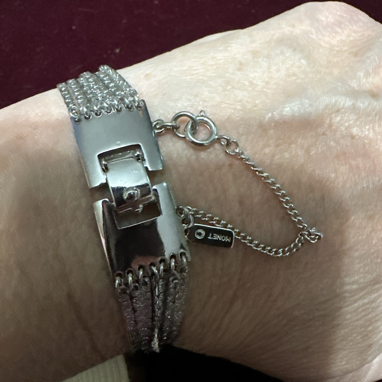 Vintage Monet Multi Strand Silver Tone Chain Bracelet with Safety Chain New