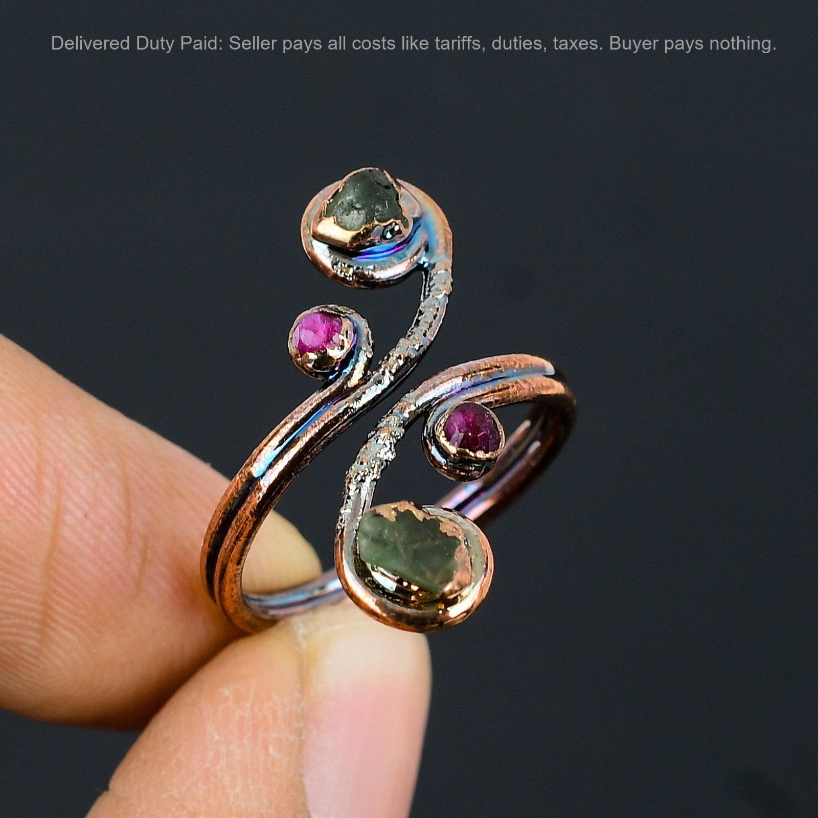 Multi Tourmaline Rough Stone Copper Electroformed Mother Stackable Ring Jewelry