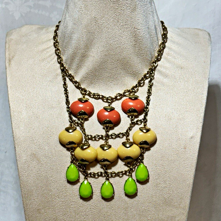 Multicolor Plastic Beaded Layered Statement Bib Necklace Cable Chain Drop Charm