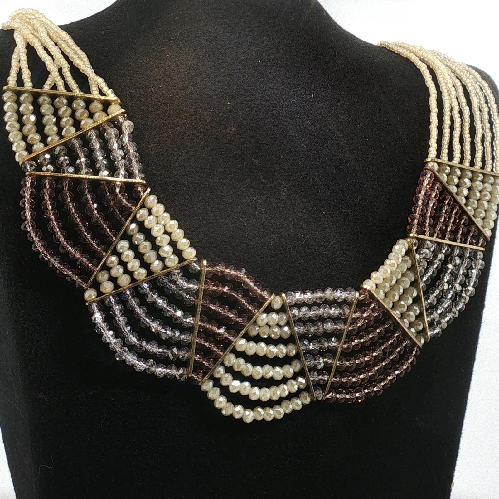 Vintage Multi-Strand Crystal Bib Necklace Gold Bronze Geometric Statement