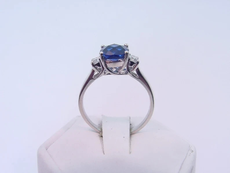3.00 Ct Cushion Natural Sapphire & Diamond Wedding Ring 14K White Gold Size 5
