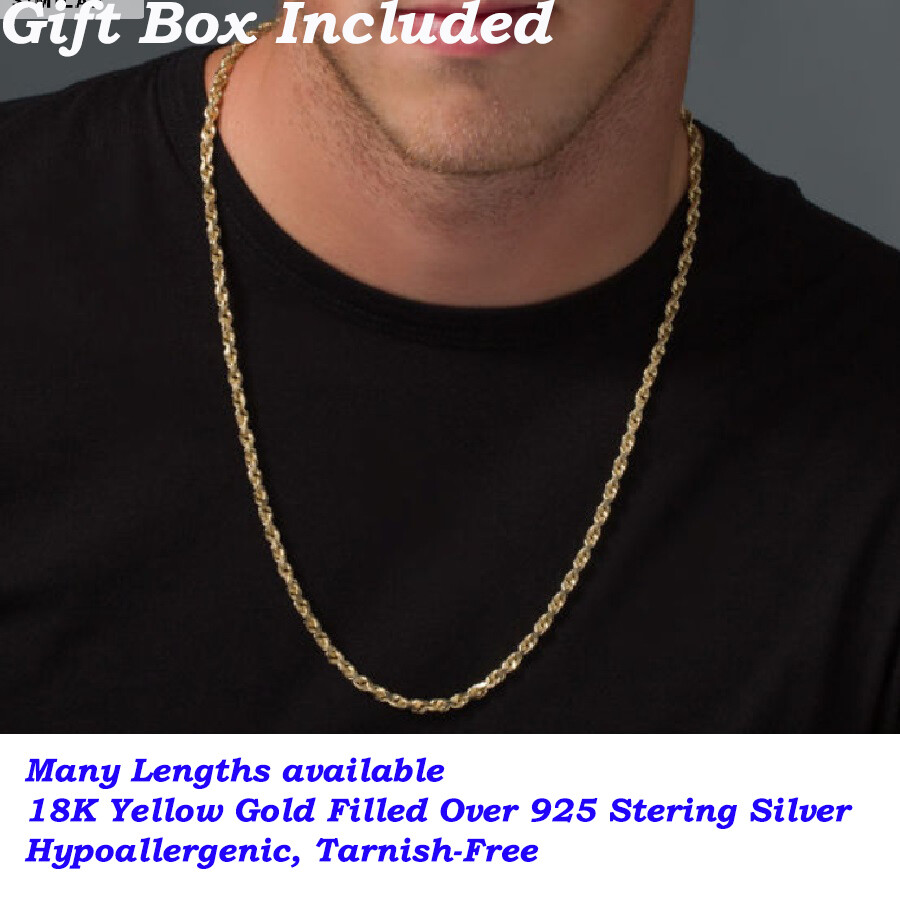 18K Yellow Gold over Sterling Silver Hypoallergenic 20″ 2mm Rope Chain Necklace
