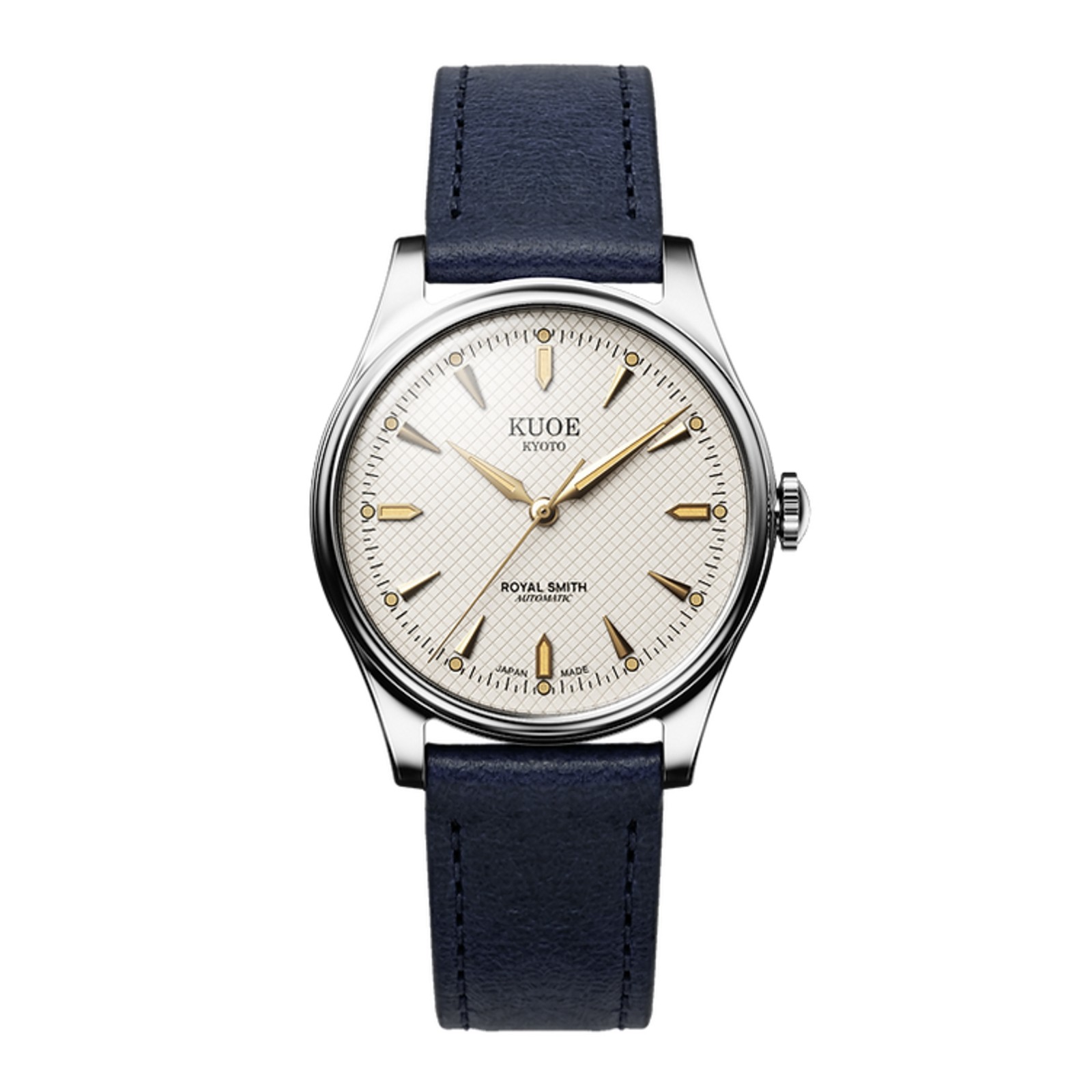Kuoe Royal Smith 90-006 Automatic Silver Watch Men Ivory Waffle Dial Navy Strap