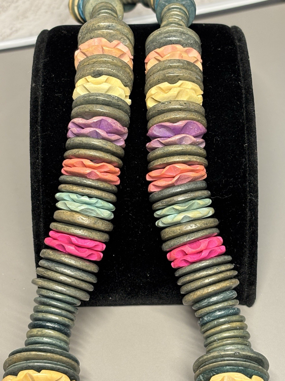 Heishi Wafer Disc Chunky Wooden Beads Retro Multi Color Artisan Necklace 23”