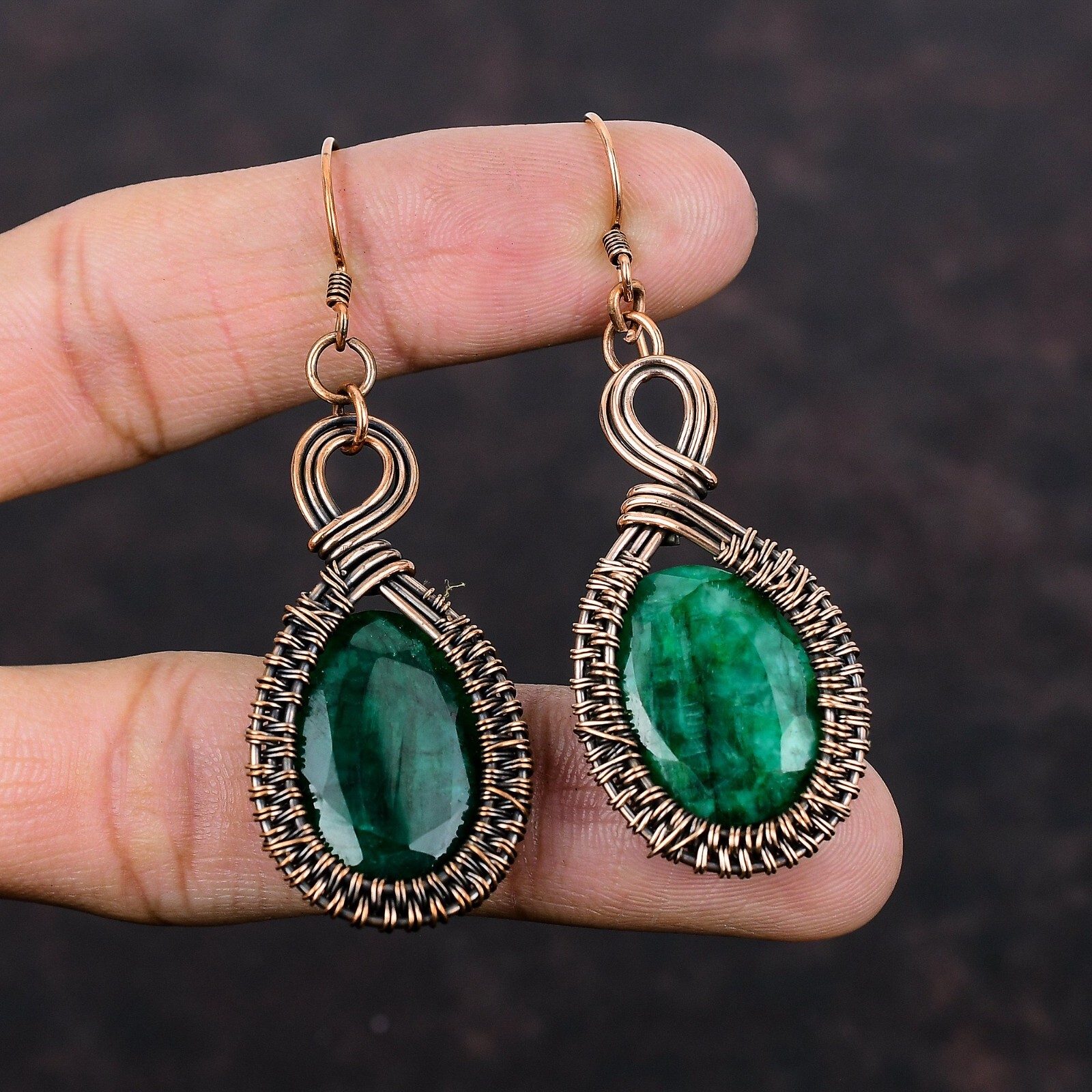 Faceted Zambian Emrald Copper Jewelry Wire Wrapped Drop/Dangle Earrings 2.56″