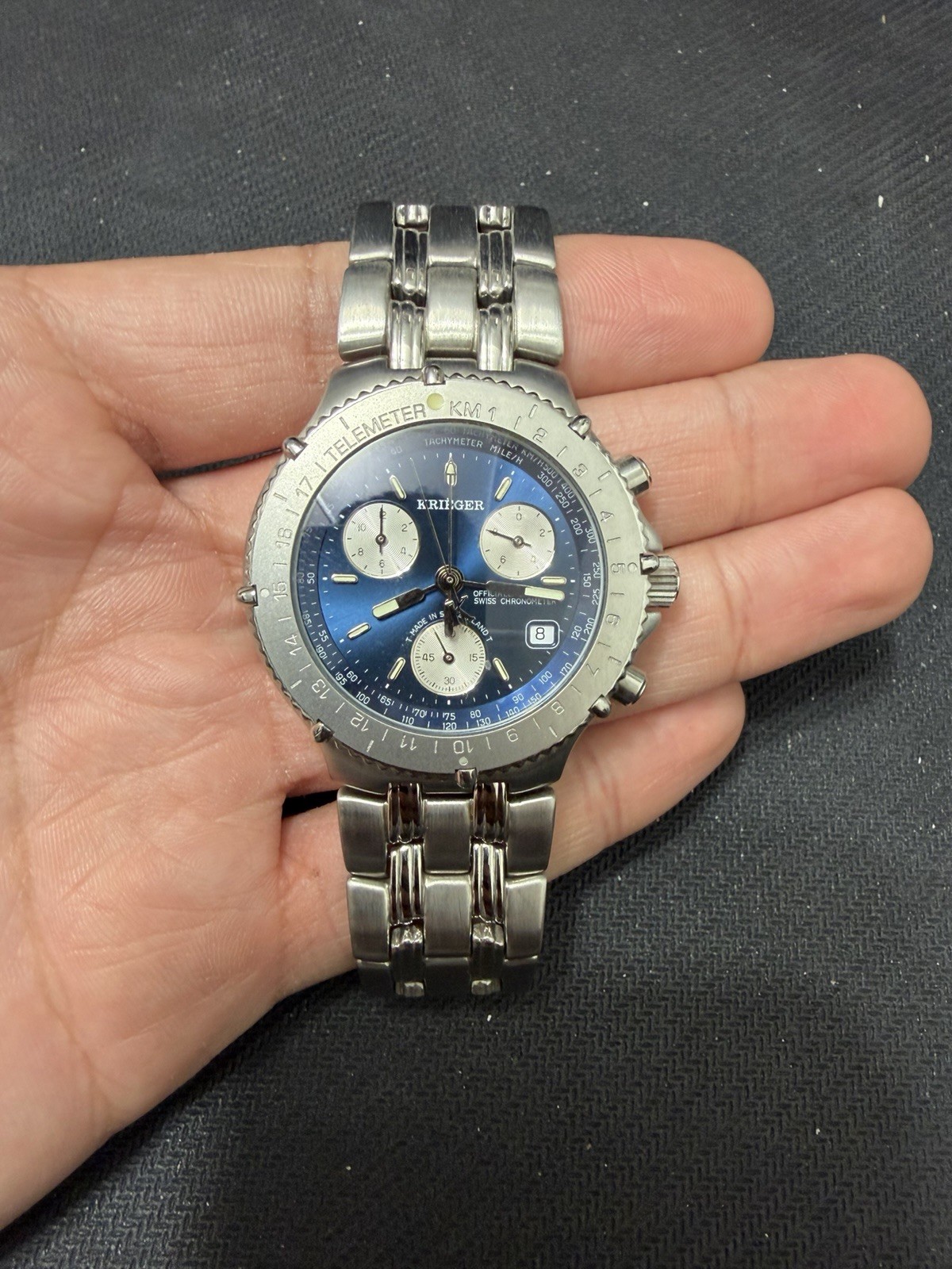 Krieger 7750 Marine Chronograph Blue Dial NOS Box Papers Swiss Chronom