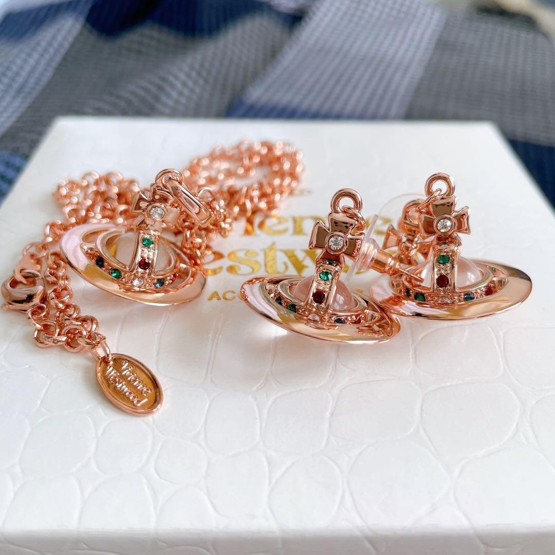 Vivienne Westwood Necklace Earrings Set Petite Orb Pink Gold Multi NO BOX