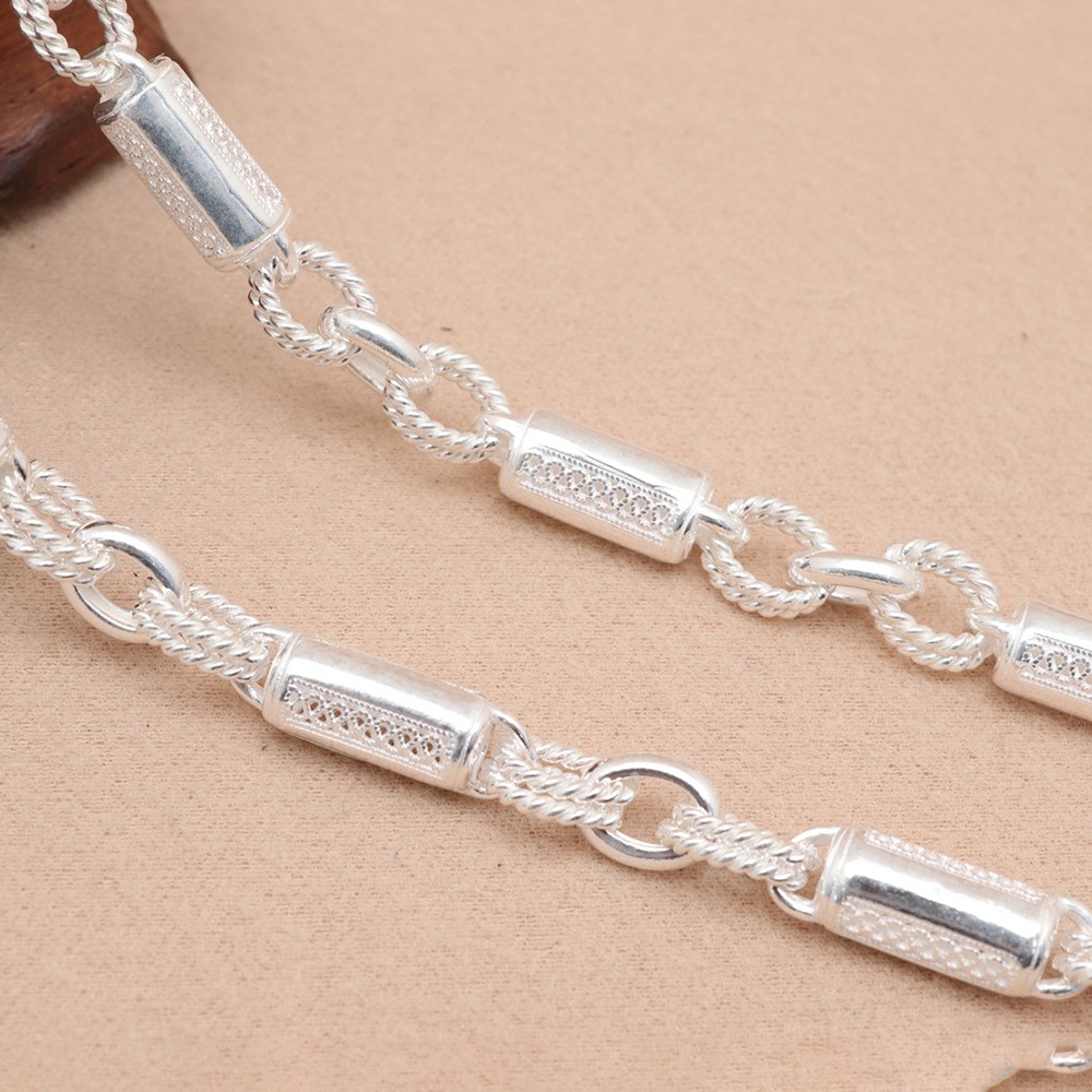 Pure S999 Fine Silver Chain 6mm Pillar Beads Dragon Head Link Necklace 44-45G