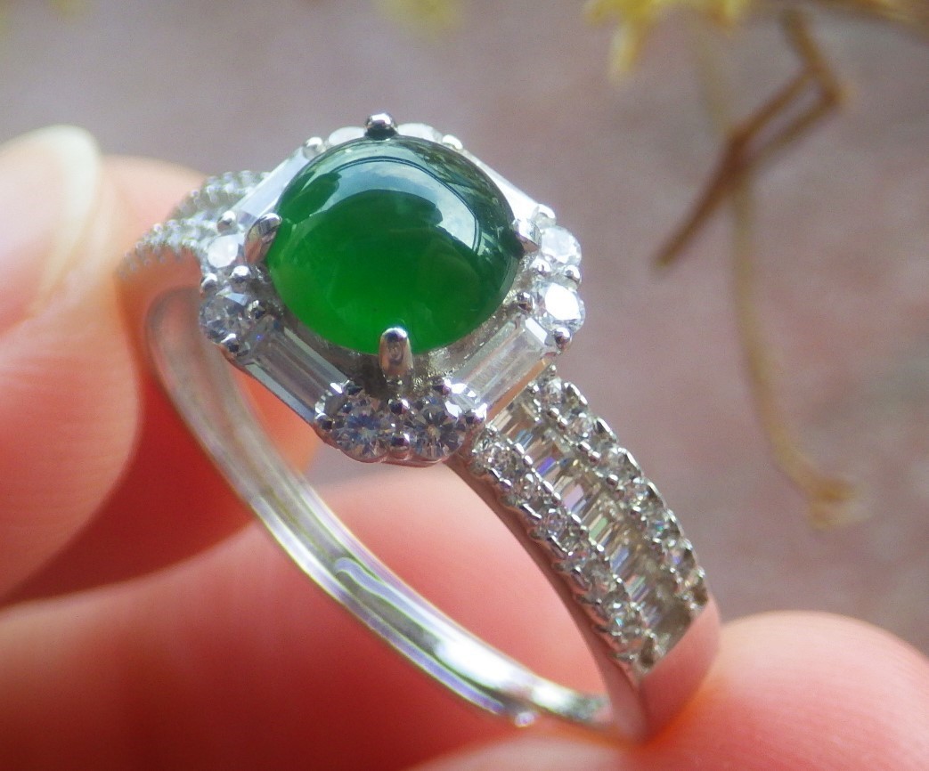 Video Sterling Silver 925 Green A Jade jadeite Cabochon Ring No 8 # 133622 VS