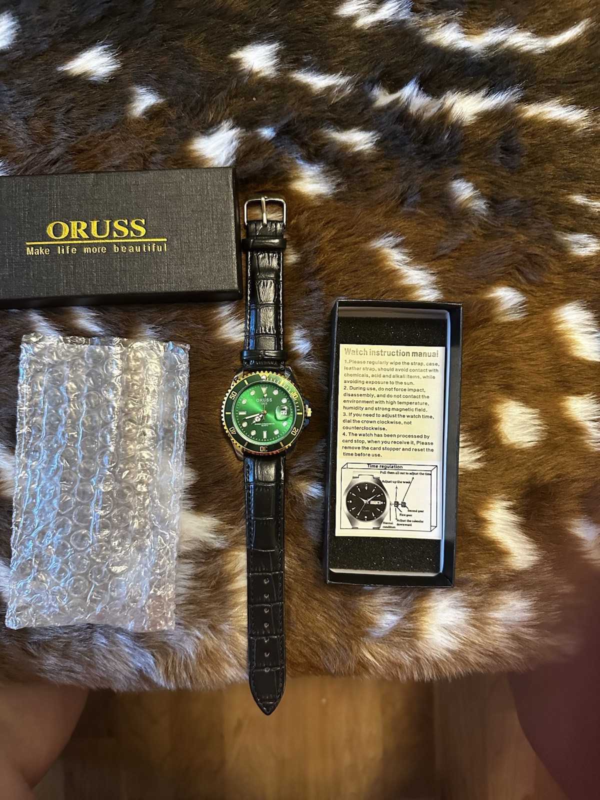 ORUSS 1893 Green Dial Quartz Diver Men’s Watch Date Black Leather Strap Box