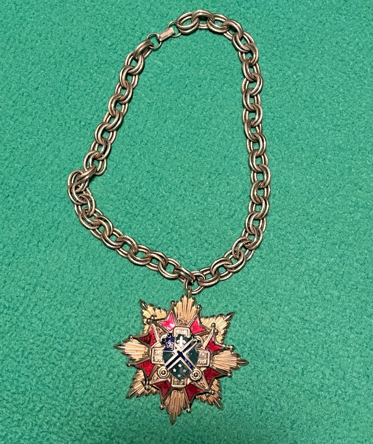 Vintage Heraldic Coat of Arms Huge Pin Pendant Brooch, Heavy chain , Masons ?