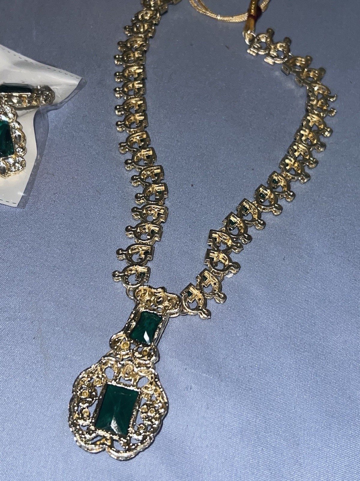 Asian Ethnic Green and Silver Jewelry Set Necklace Ring Rectangular Stone