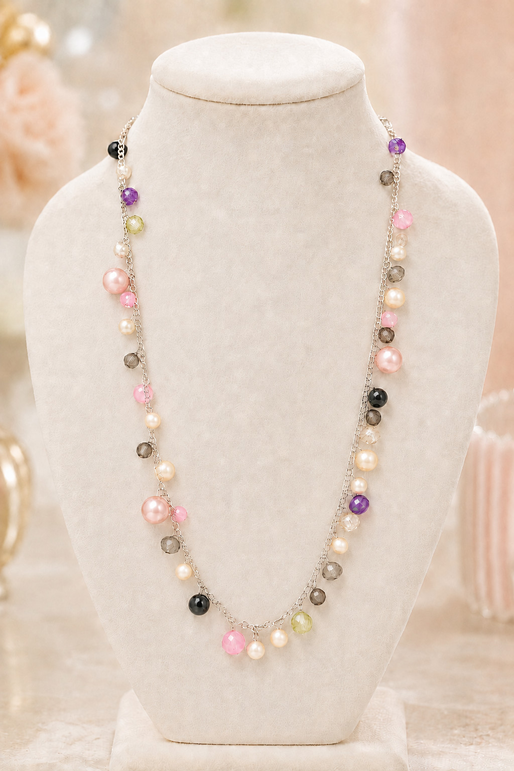 Silver-Tone Multicolor Beaded Station Necklace