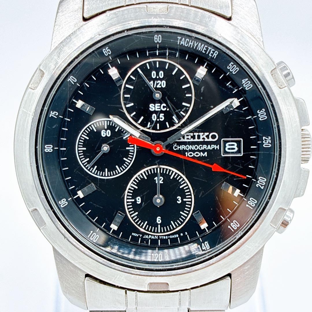 SEIKO Chronograph 7T92-0BF0, Black Dial, Red Hands, 1990