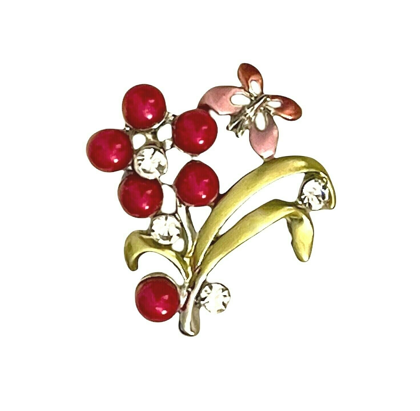 Crystal Rhinestone Fuchsia Pink Pearls Butterfly Flower Silver Scarf Pin Brooch