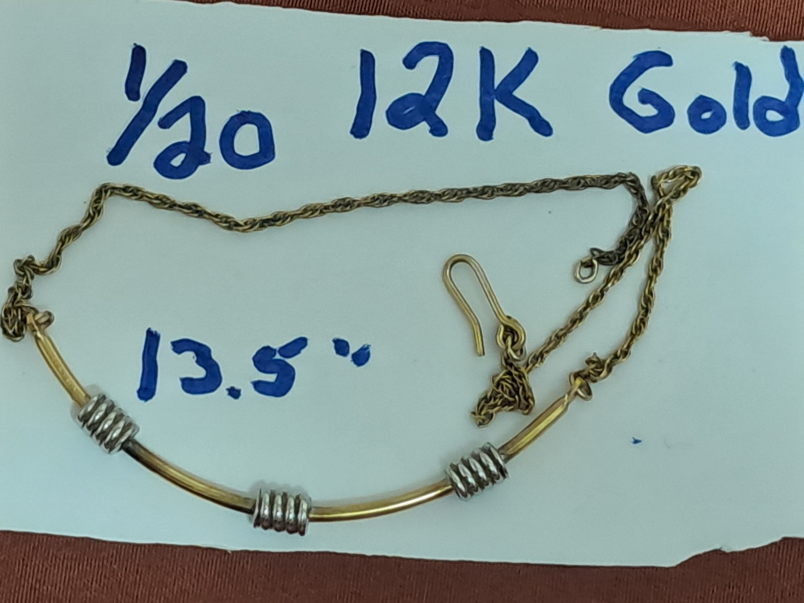1/20 12K Gold Chain Balance Bar Necklace w/Silver Wrap 13.5″ Choker Length