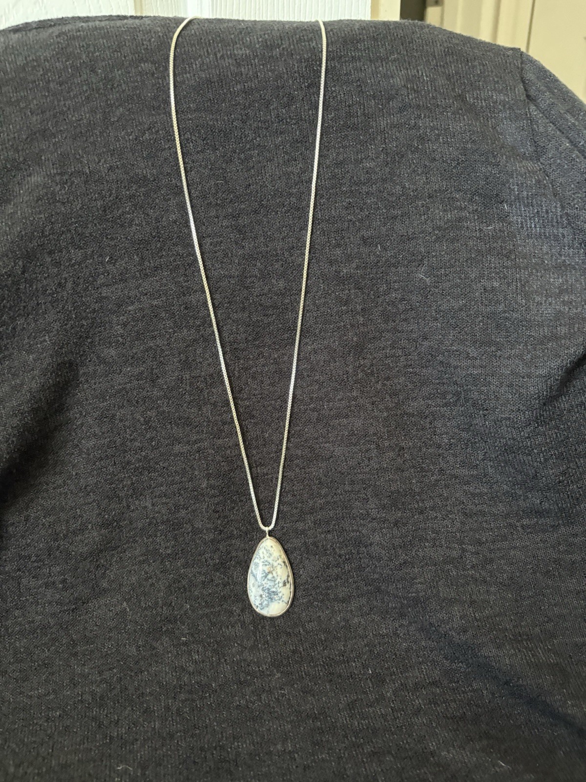 Silver Teardrop Dendrite Pendant on 28” S925 Chain, Handmade