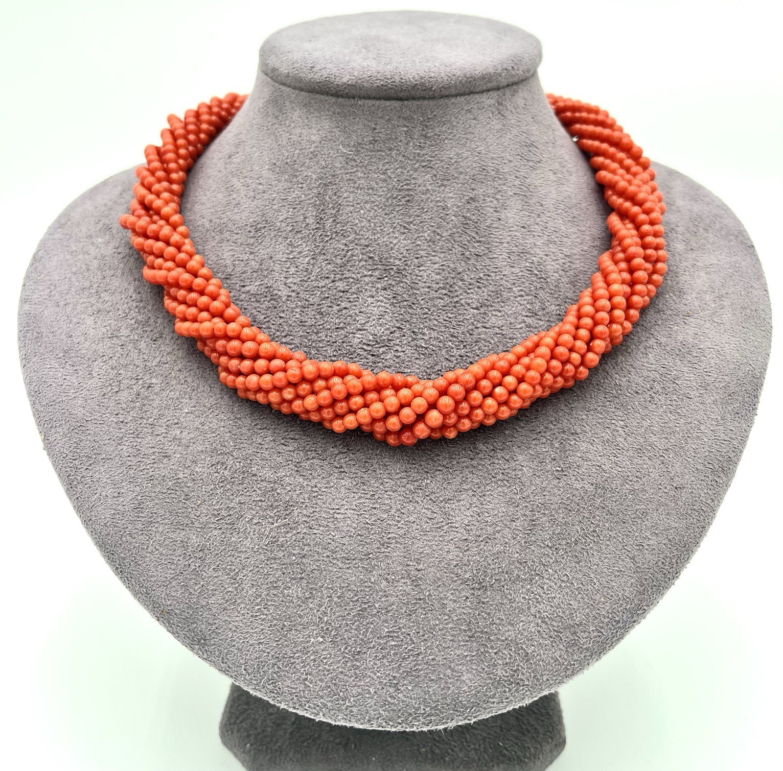 Mediterranean Red Coral Torchon Necklace 9 Strands 4mm 18kt Gold Natural Handmade