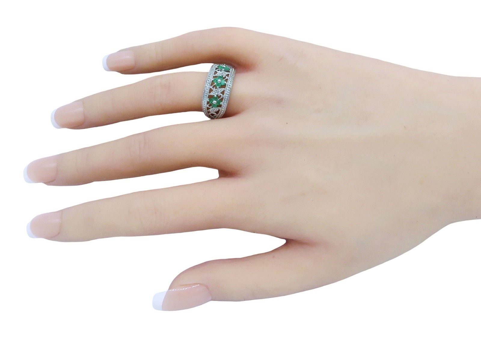 Vintage Sterling Silver Colombian Emerald & Diamond Filigree Ring w/Flowers