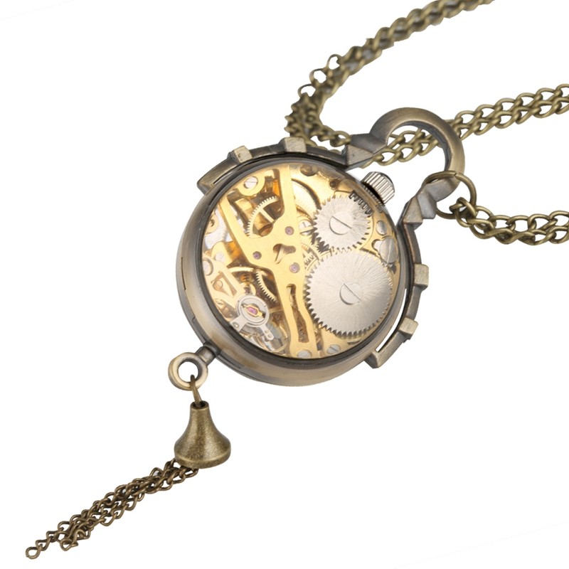 Transparent Glass Ball Pocket Watch See-Through Mechanical Hand-Wind with Chain