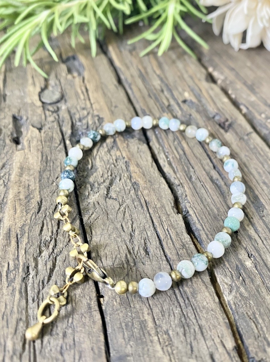 Tiny Green and White Beaded Bracelet on Bronze Chain, Green Tree Agate Gemstone