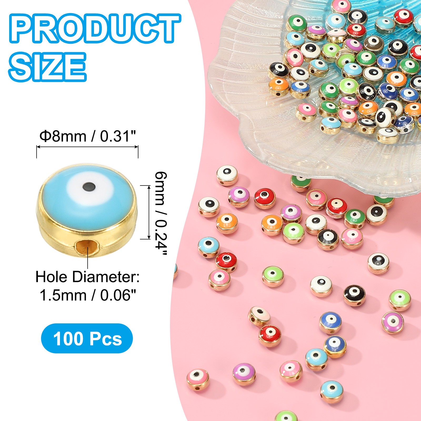 100 Pcs 8mm Flat Round Evil Eye Beads with Golden Edge, Lake Blue