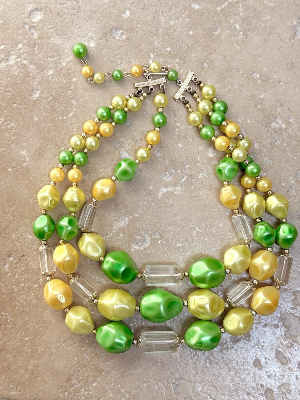 Vintage Yellow Green Lemon Lime Multi Strand Faux Pearl Bead Necklace Japan MCM