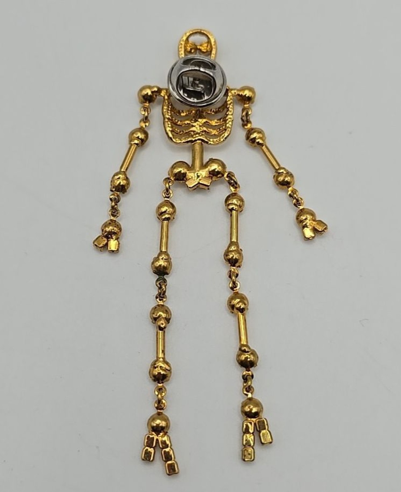 Gold Tone & Crystal Rhinestone Articulated Skeleton Brooch Pin – 3.5 Inches Long