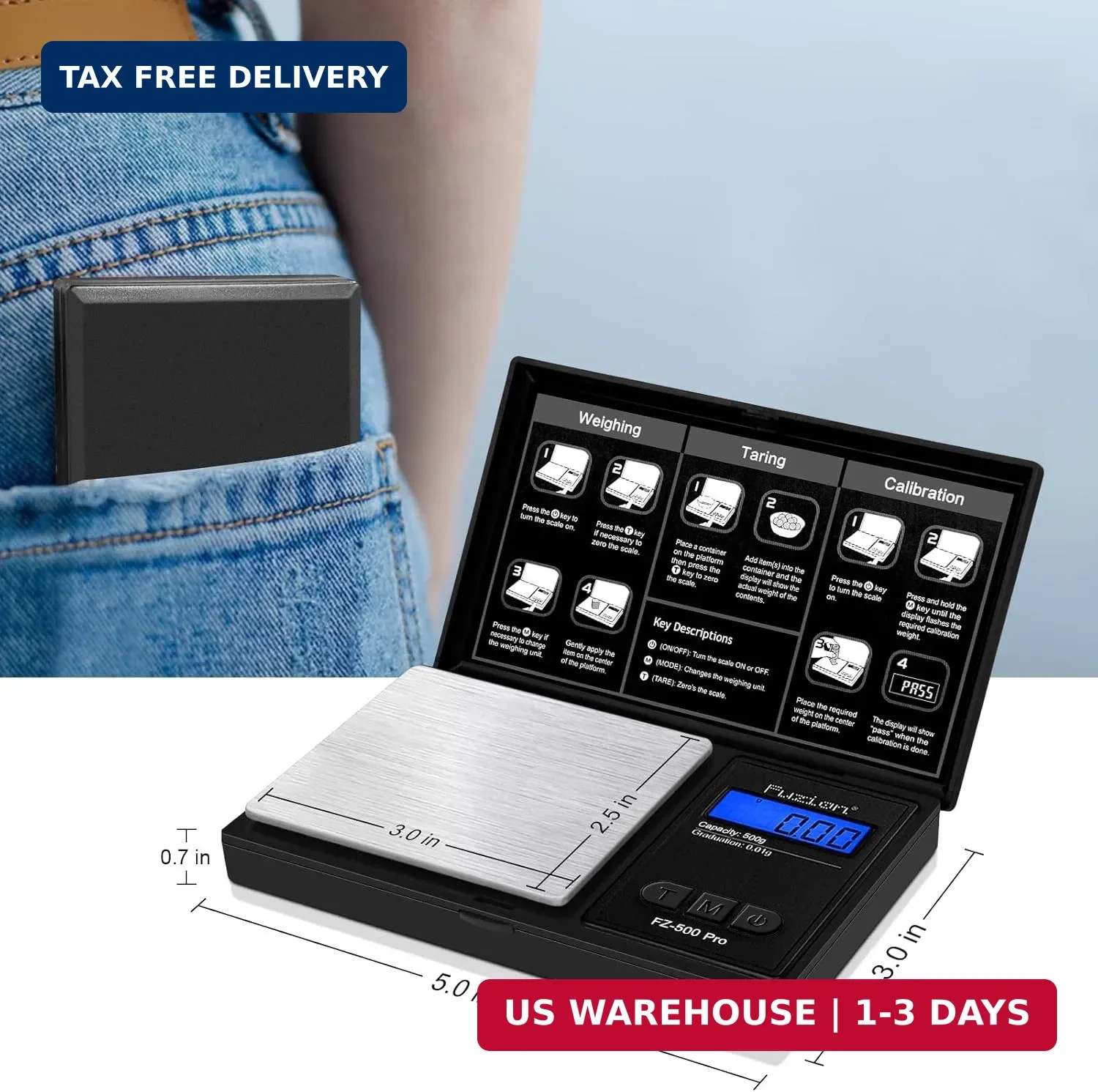 Fuzion Gram Scale, Digital Pocket Scale .01 Gram Accuracy, 500g Mini Jewelry Sca
