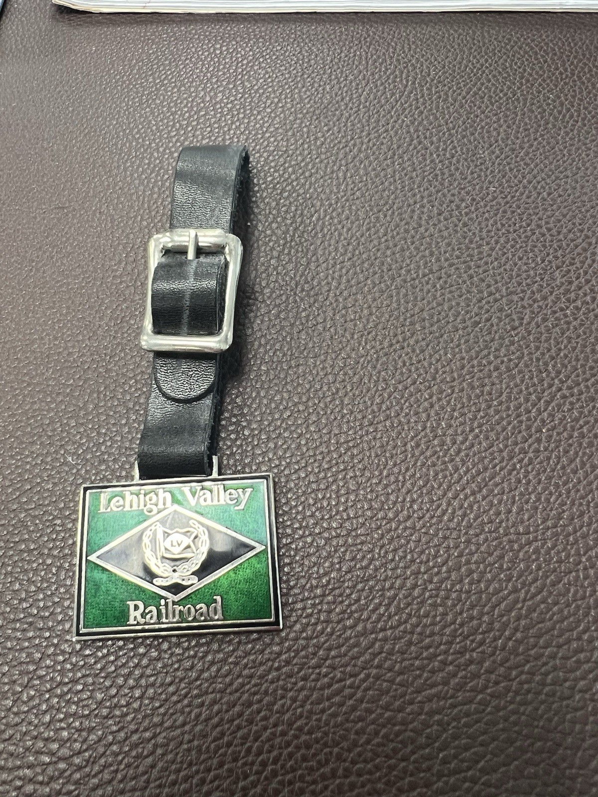 Lehigh Valley Railroad Metal Enamel Pocket Watch Fob, Green/Black, Leather Strap