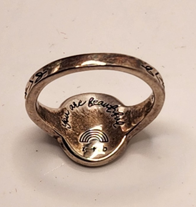Beautiful Sterling Silver Rain + Bow “M” Initial Ring – Size 5