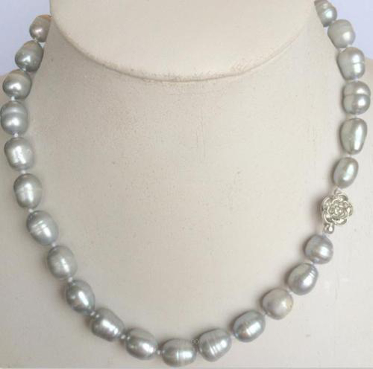 Natural 9-10mm gray rice akoya baroque freshwater cultured pearl necklace 18”