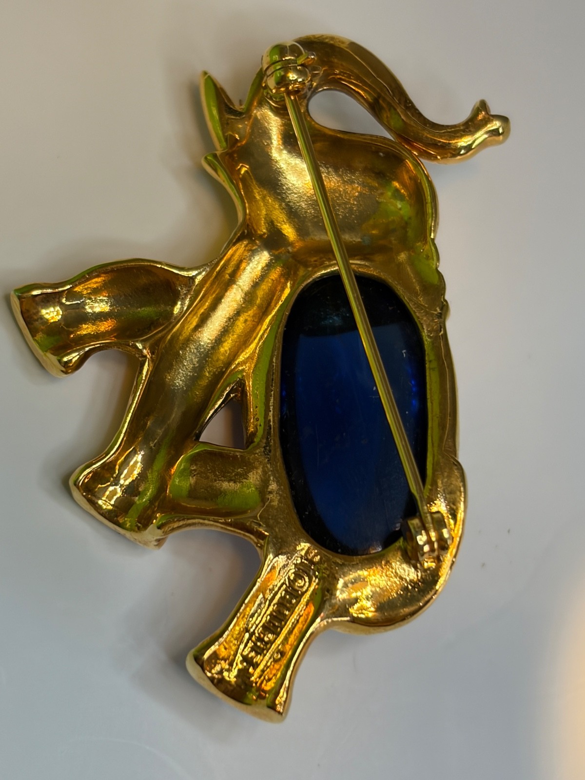 Signed Boucher Elephant Jelly Belly Brooch Blue W Clear Rhinestones Figural RARE