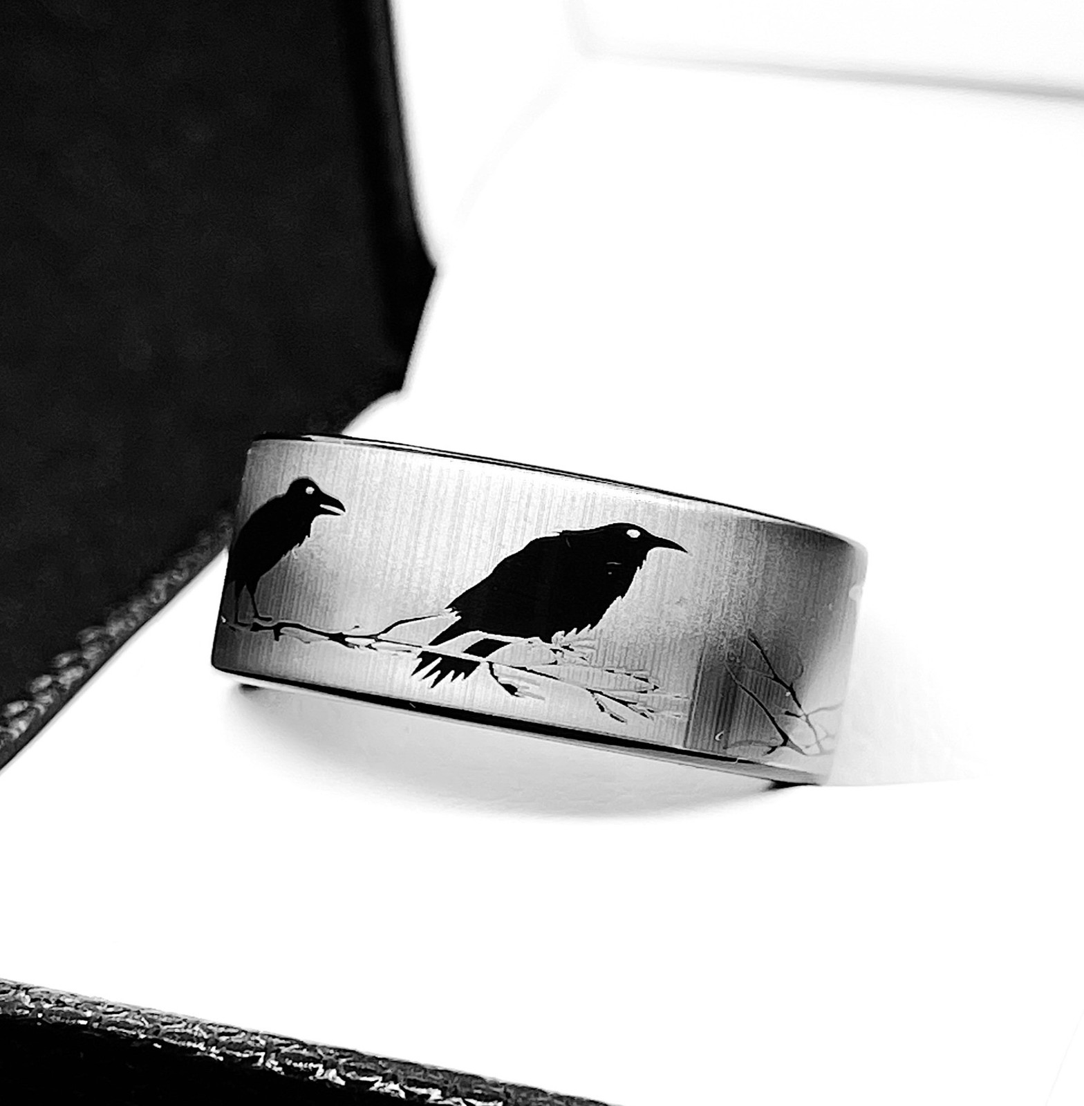 Raven Ring | Black Tungsten Wedding Band With Tree Branch Engraving