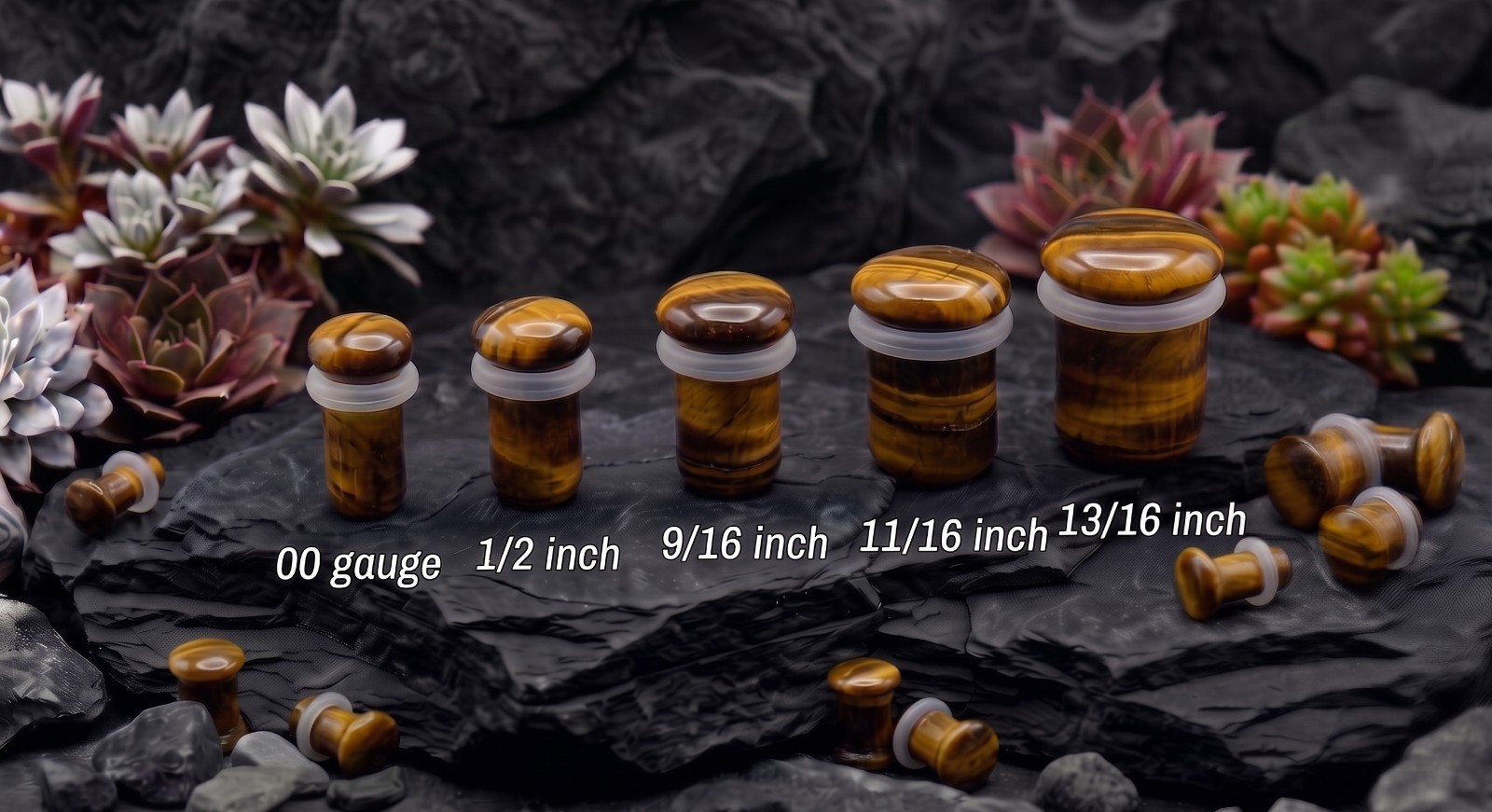 Pair Single Flare Tiger Eye Stone Plugs gauges organic Size 8ga to 5/8 Inch E554