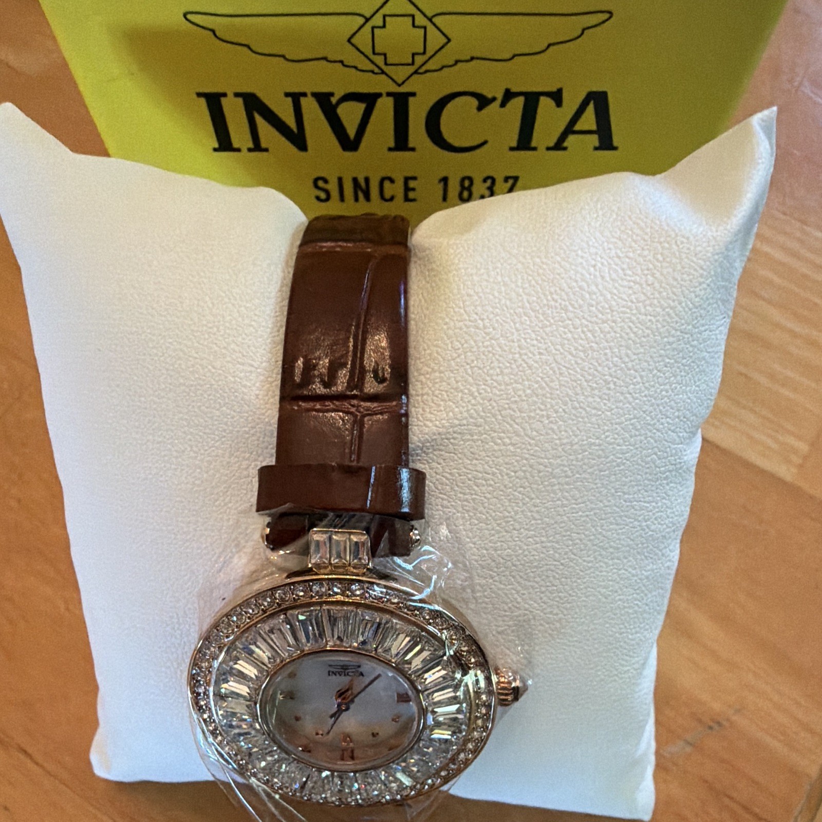 Invicta Angel Women Quartz Analog MOP Dial Gem Bezel Brown Leather 30mm w/ Box