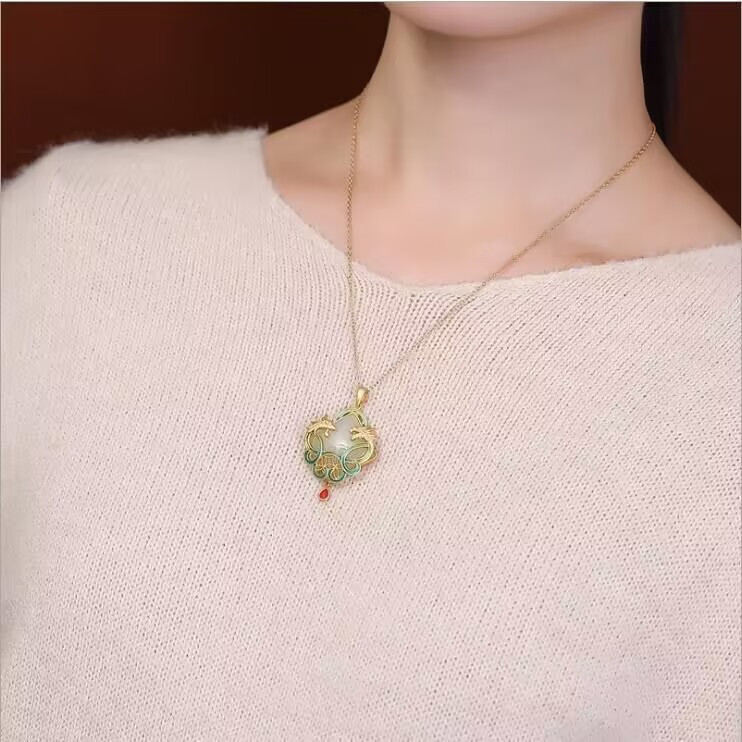 Jade Dragon Phoenix Shape Pendant Jewelry 18K Gold Plated Necklace 450mm Gift US