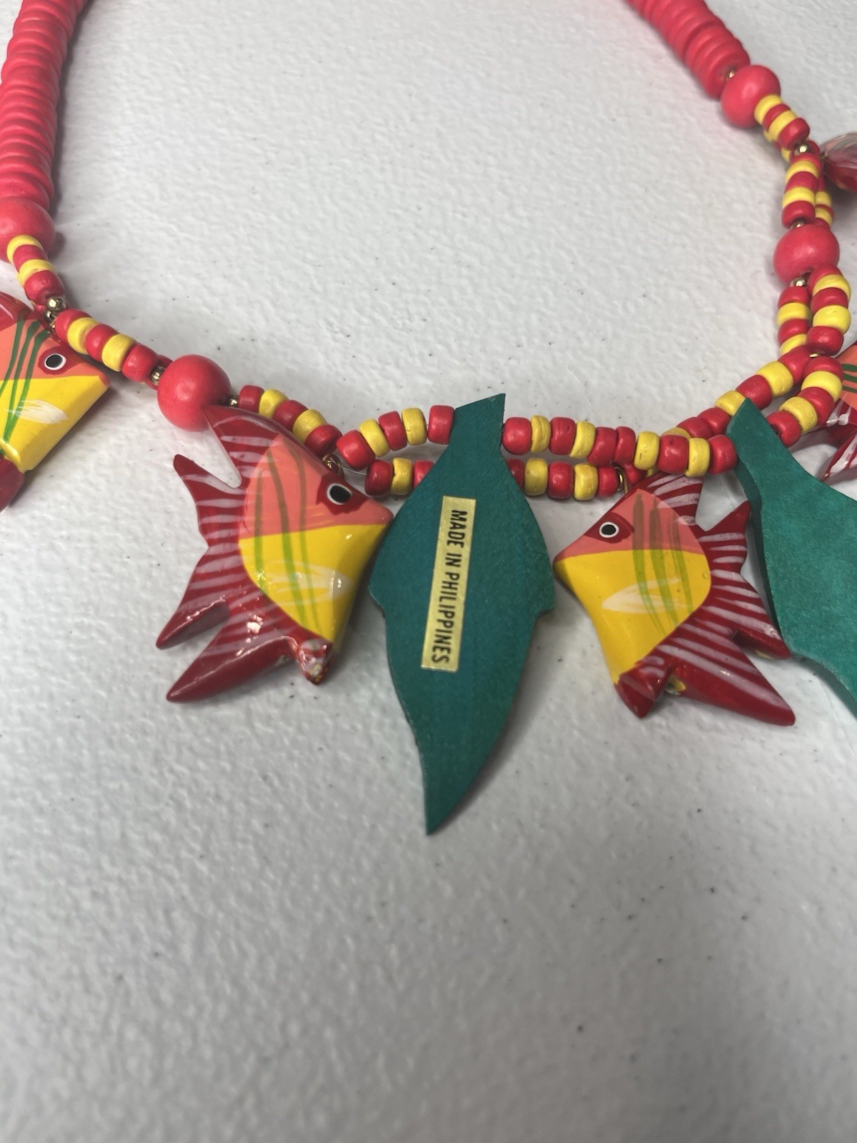 Wooden Fish Necklace Colorful Pink Yellow Green Tropical Made In Philippines