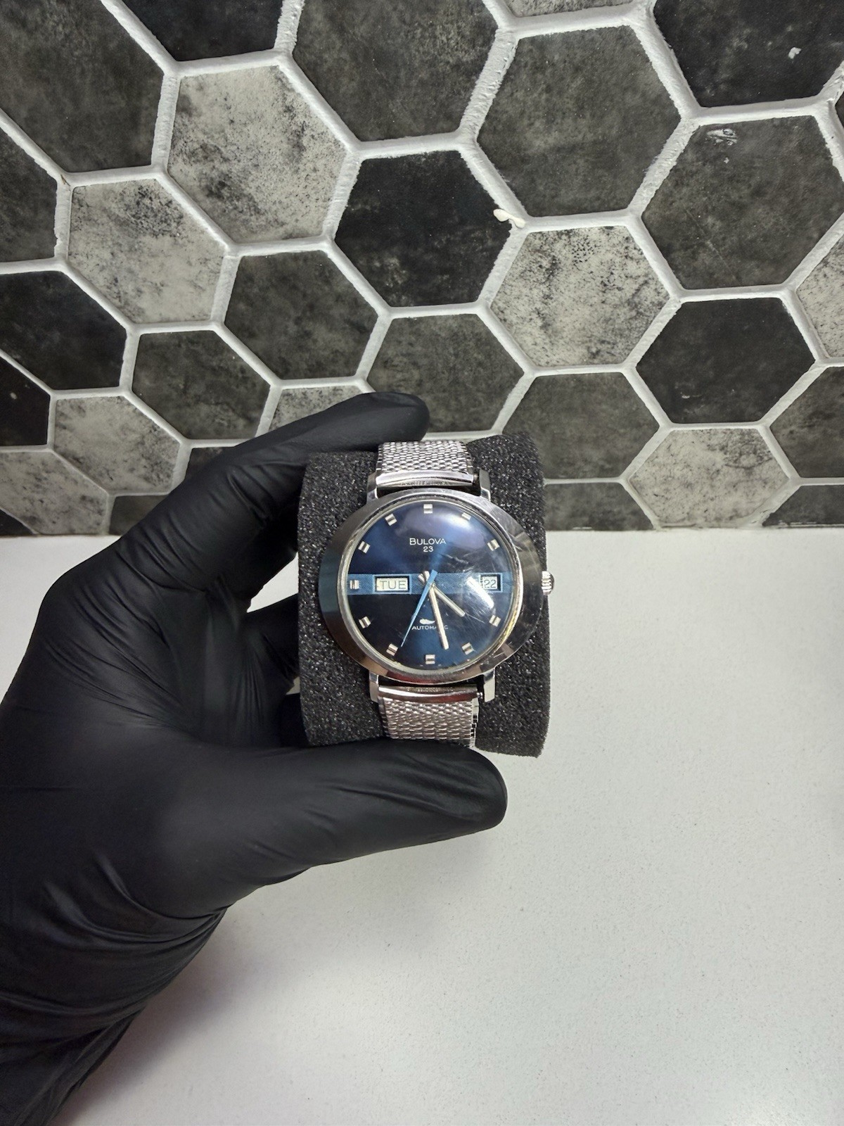 Bulova 23 Automatic 23 Jewel Day-Date Blue Dial Silver Bracelet Vintage