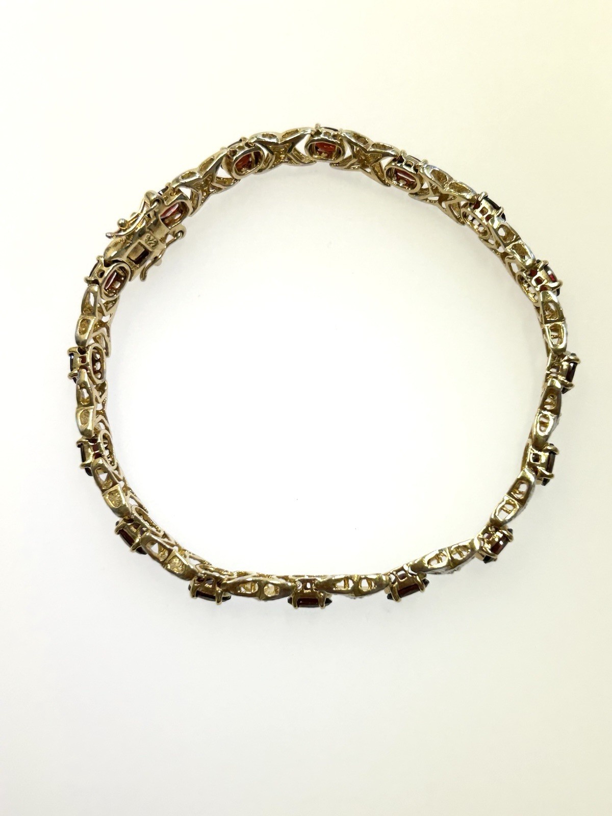 Vintage Sterling Silver Gold Toned X’s & O’s Bracelet With Red & Clear Stones